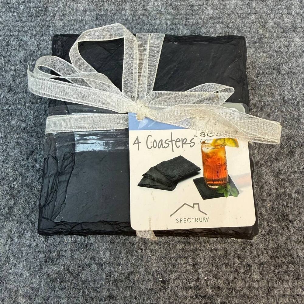 Spectrum Slate Coasters Set of 4 Black Stone Drink Coasters New Made In China